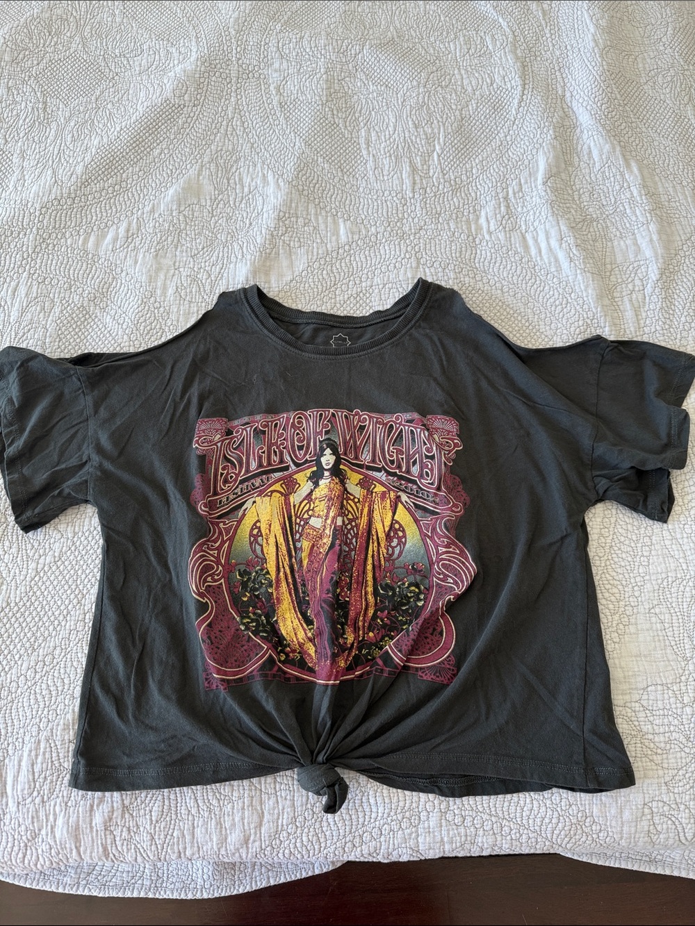 Graphic Crop Knot Tee with Yellow and Pink Artwork